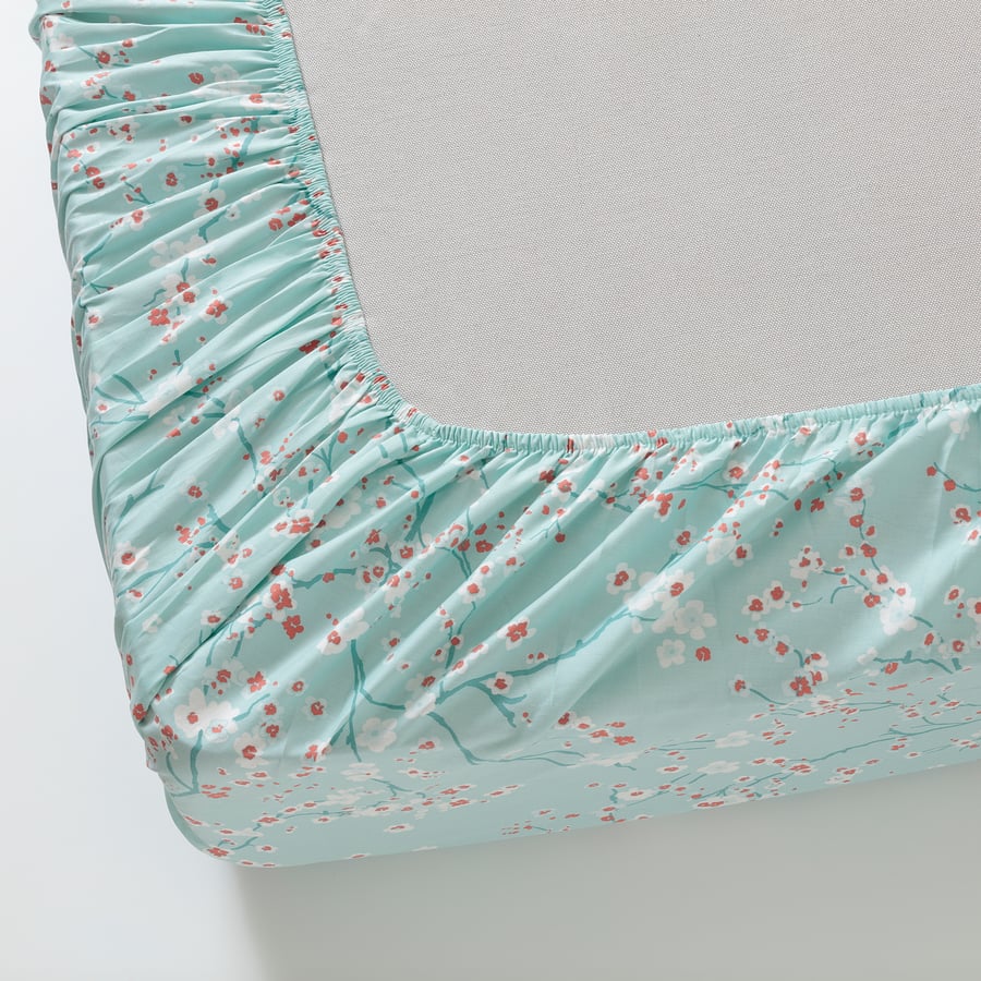 ASKLÖNN fitted sheet, green/Cherry blossom branch, 90x200 cm IKEA