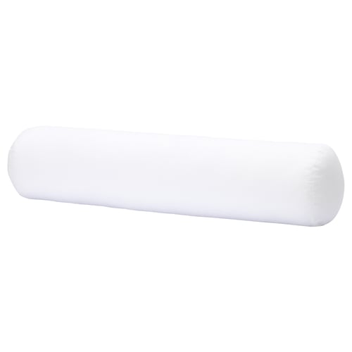 A white BACKTRAV body pillow. Its long, cylindrical, and made of cotton and recycled polyester filling.