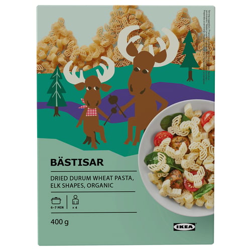 IKEA BÄSTISAR: organic elk-shaped durum wheat pasta box with cooking instructions and images of moose and pasta salad.
