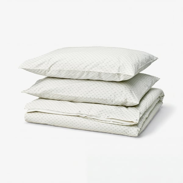 BANDKNIPPE Duvet cover and 2 pillowcases, white/green, 200x200/50x80 cm
