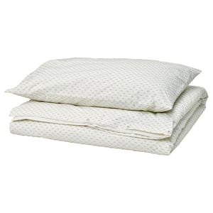BANDKNIPPE Duvet cover and pillowcase, white/green, 150x200/50x80 cm