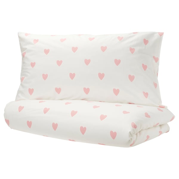BARNDRÖM Duvet cover and pillowcase, heart pattern white/pink, 150x200/50x80 cm