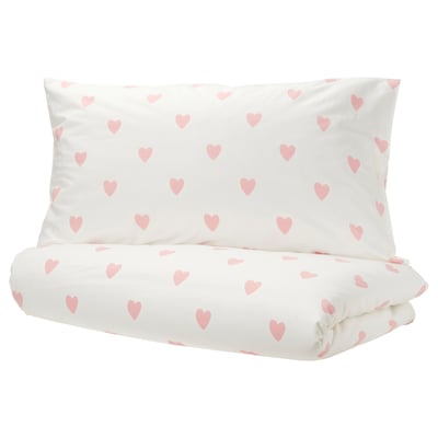 BARNDRÖM Duvet cover and pillowcase, heart pattern white/pink, 150x200/50x80 cm