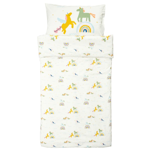 Yellow-green horse bedding set, BARNDRÖM, with rainbows. Cotton duvet & pillowcase.