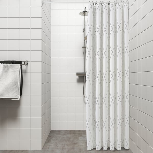 BASTSJÖN Shower curtain, white/grey/beige, 180x200 cm