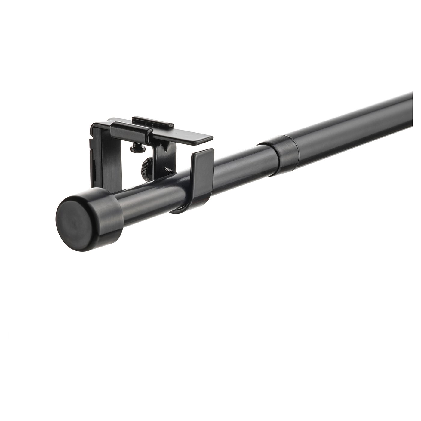 A BEKRÄFTA curtain rod set, black, with a sleek, modern design featuring metal materials and plastic accents, ideal for mid-century modern decor.