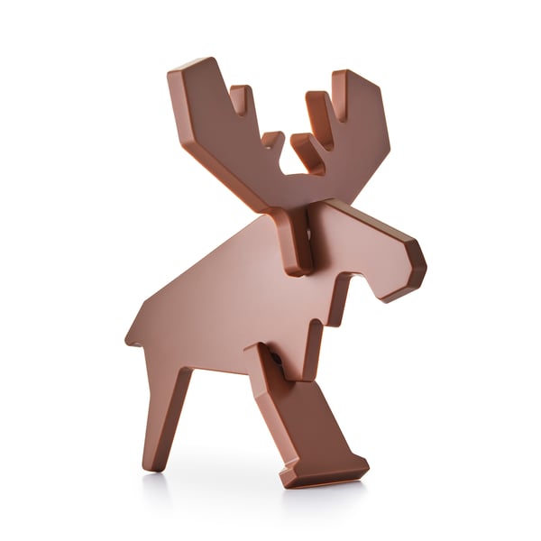 A metallic moose-shaped chocolate puzzle with large antlers, designed as a table decoration or treat.