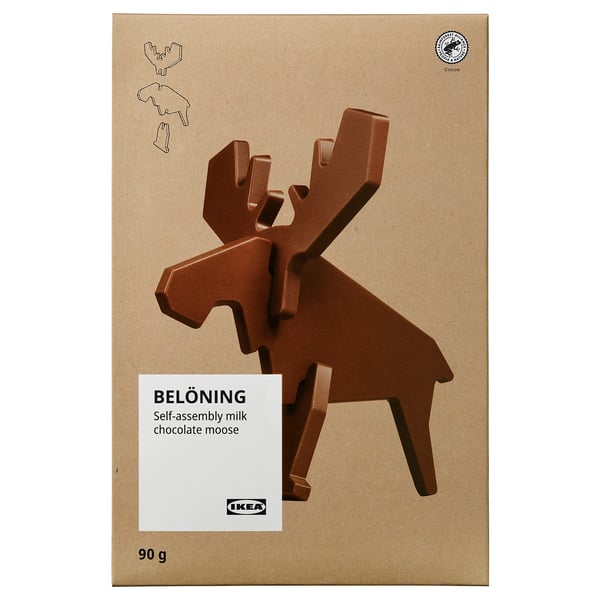 IKEA BELÖNING: chocolate moose packaging, 90g, rainforest alliance certified.