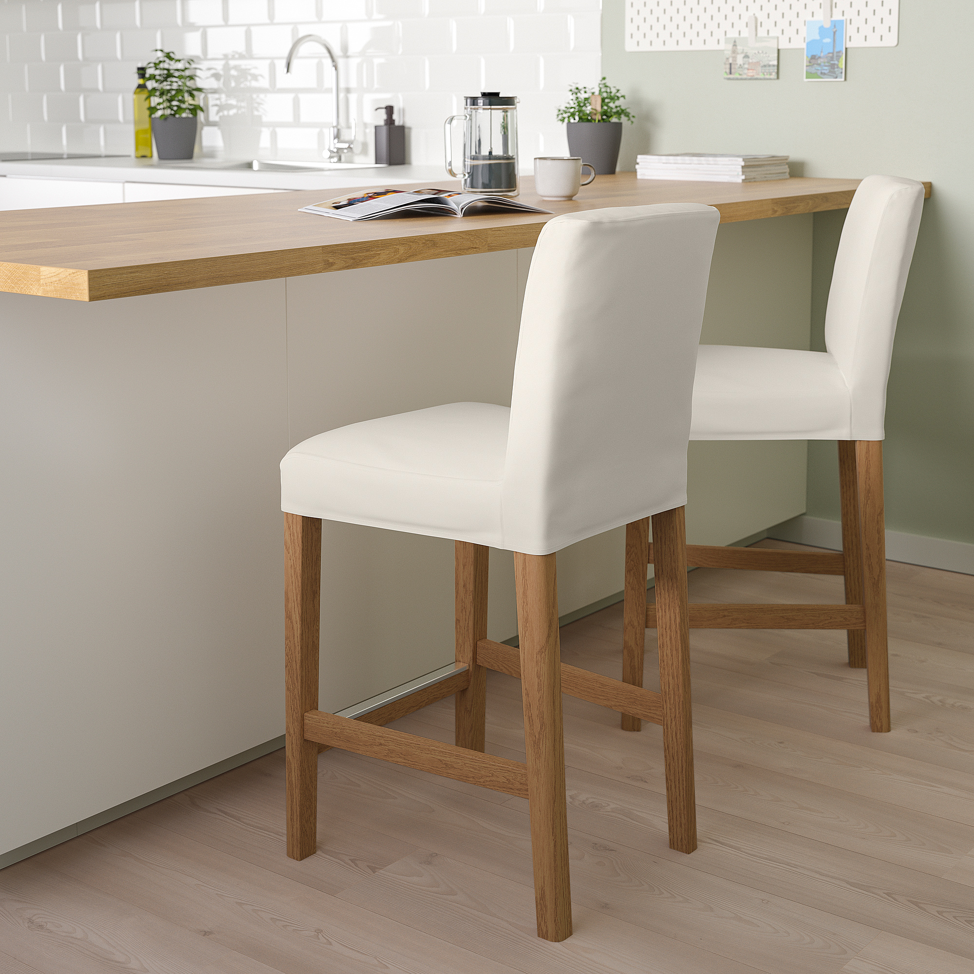 BERGMUND Bar stool with backrest, oak effect/Inseros white, 62 cm