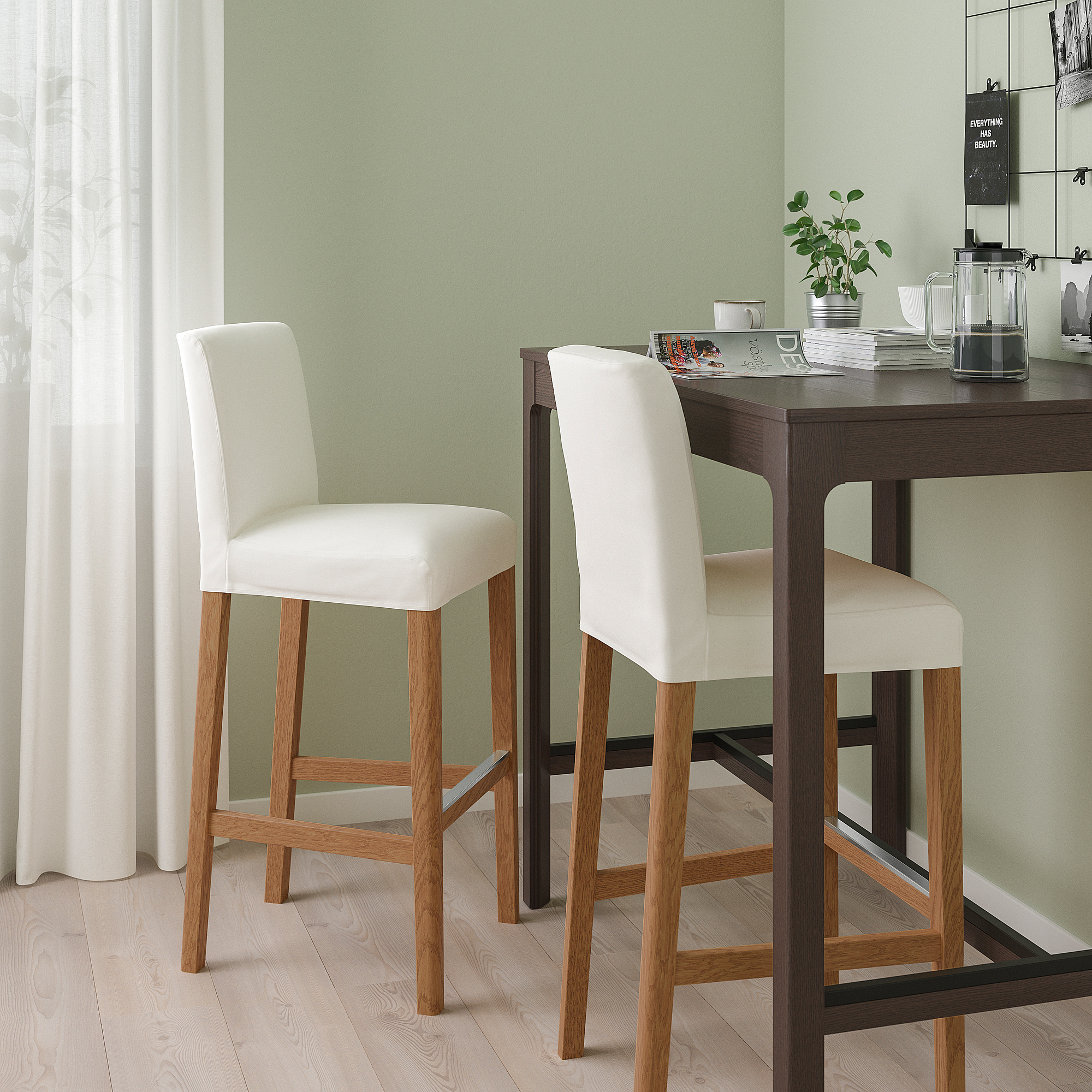 BERGMUND Bar stool with backrest, oak effect/Inseros white, 75 cm