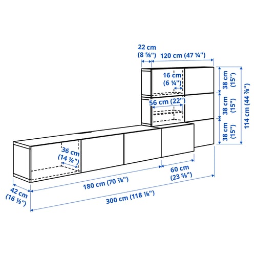 BESTÅ Media storage combination, white stained oak effect Lappviken/Björköviken brown, 300x42x114 cm
