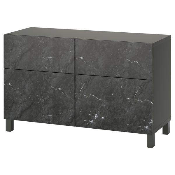 BESTÅ Storage combination w doors/drawers, dark grey Bergsviken/Stubbarp/black marble effect, 120x42x74 cm