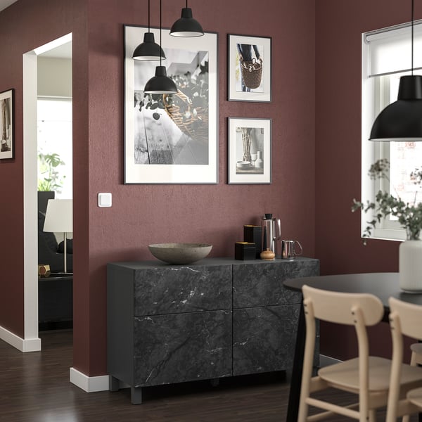 BESTÅ Storage combination w doors/drawers, dark grey Bergsviken/Stubbarp/black marble effect, 120x42x74 cm