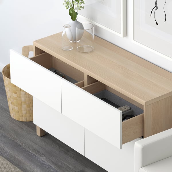 BESTÅ Storage combination w doors/drawers, white stained oak effect/Lappviken white, 120x42x74 cm