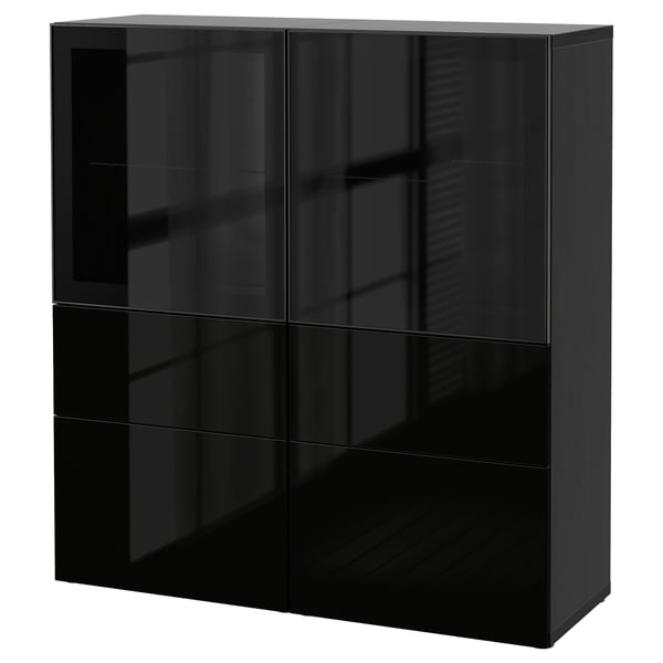 BESTÅ Storage combination w glass doors, black-brown/Selsviken high-gloss/black clear glass, 120x40x128 cm