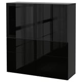 BESTÅ Storage combination w glass doors, black-brown/Selsviken high-gloss/black clear glass, 120x40x128 cm