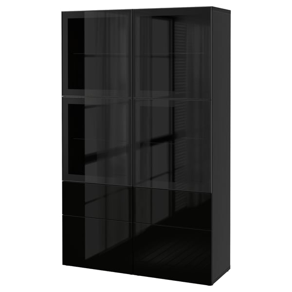 BESTÅ Storage combination w glass doors, black-brown/Selsviken high-gloss/black clear glass, 120x40x192 cm