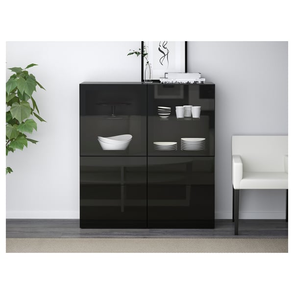 BESTÅ Storage combination w glass doors, black-brown/Selsviken high-gloss/black clear glass, 120x40x128 cm