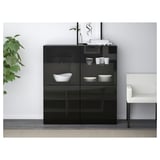 BESTÅ Storage combination w glass doors, black-brown/Selsviken high-gloss/black clear glass, 120x40x128 cm