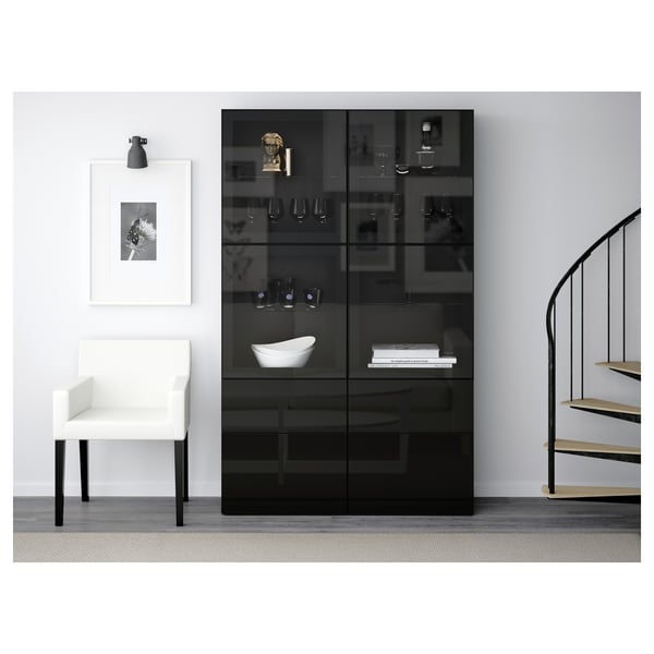 BESTÅ Storage combination w glass doors, black-brown/Selsviken high-gloss/black clear glass, 120x40x192 cm
