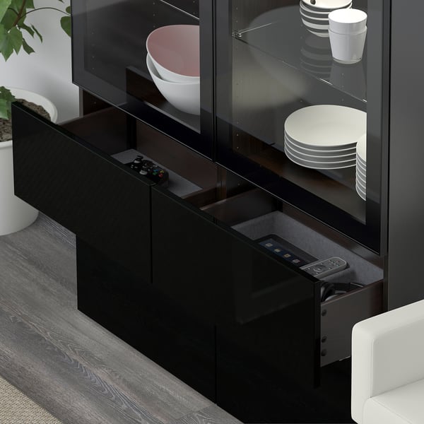 BESTÅ Storage combination w glass doors, black-brown/Selsviken high-gloss/black clear glass, 120x40x192 cm