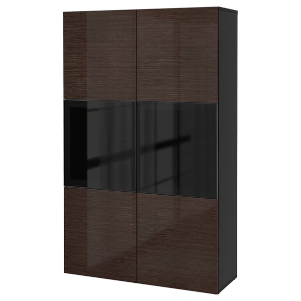 BESTÅ Storage combination w glass doors, black-brown/Selsviken high-gloss/brown smoked glass, 120x42x193 cm