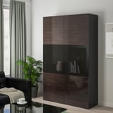 BESTÅ Storage combination w glass doors, black-brown/Selsviken high-gloss/brown smoked glass, 120x42x193 cm