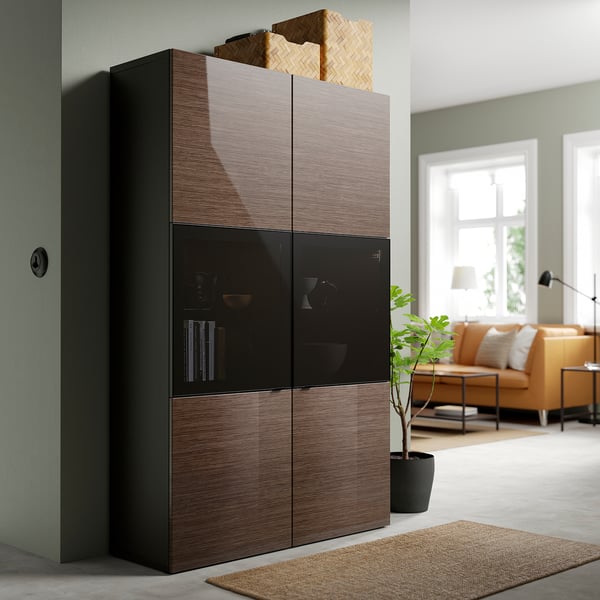 BESTÅ Storage combination w glass doors, black-brown/Selsviken high-gloss/brown smoked glass, 120x42x193 cm