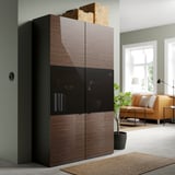 BESTÅ Storage combination w glass doors, black-brown/Selsviken high-gloss/brown smoked glass, 120x42x193 cm