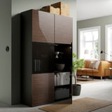 BESTÅ Storage combination w glass doors, black-brown/Selsviken high-gloss/brown smoked glass, 120x42x193 cm