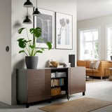 BESTÅ Storage combination with doors, black-brown/Selsviken/Stubbarp high-gloss/brown, 180x42x74 cm