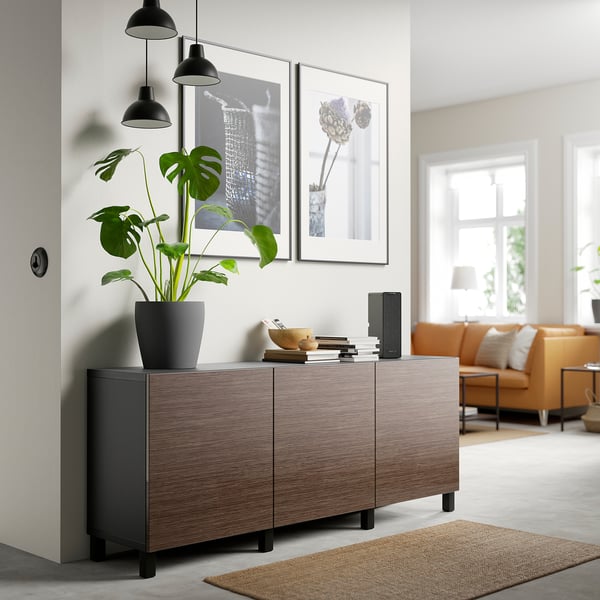 BESTÅ Storage combination with doors, black-brown/Selsviken/Stubbarp high-gloss/brown, 180x42x74 cm