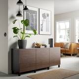 BESTÅ Storage combination with doors, black-brown/Selsviken/Stubbarp high-gloss/brown, 180x42x74 cm