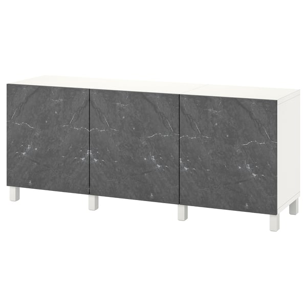 BESTÅ Storage combination with doors, white Bergsviken/Stubbarp/black marble effect, 180x42x74 cm