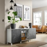 BESTÅ Storage combination with doors, white Bergsviken/Stubbarp/black marble effect, 180x42x74 cm