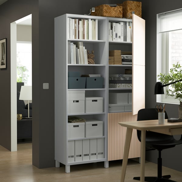 BESTÅ Storage combination with doors, white/Björköviken birch veneer, 120x42x202 cm