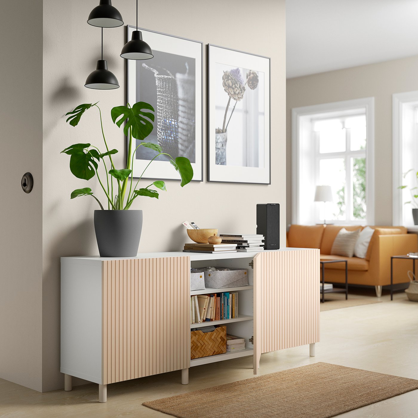 BESTÅ storage combination with doors, white/Björköviken/Mejarp