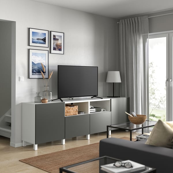 BESTÅ TV bench with doors and drawers, white/Lappviken/Stubbarp dark grey, 240x42x74 cm