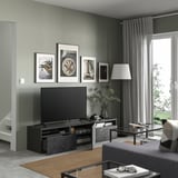 BESTÅ TV bench with drawers and door, dark grey/Bergsviken black, 180x42x39 cm