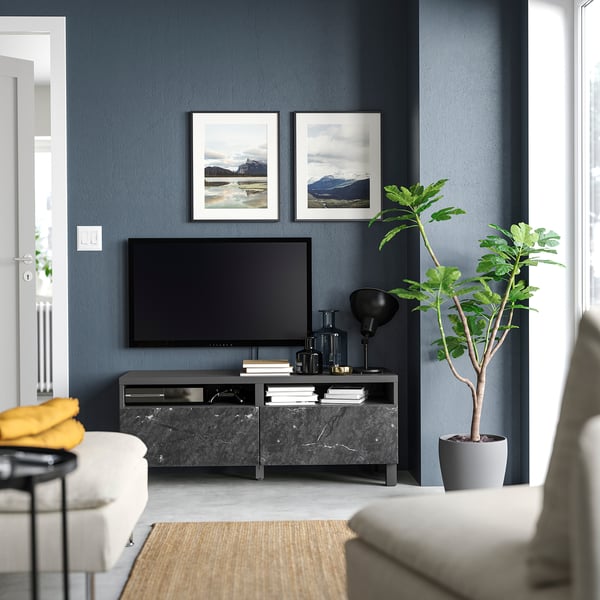 BESTÅ TV bench with drawers, dark grey/Bergsviken/Stubbarp black, 120x42x48 cm
