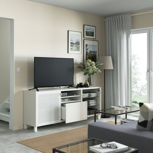 BESTÅ TV bench with drawers, white Mörtviken/Lappviken/Stubbarp white, 180x42x74 cm