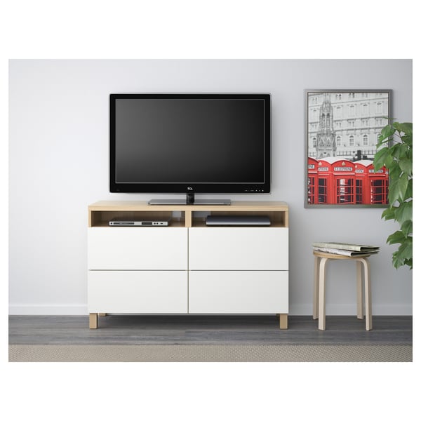 BESTÅ TV bench with drawers, white stained oak effect/Lappviken white, 120x40x74 cm