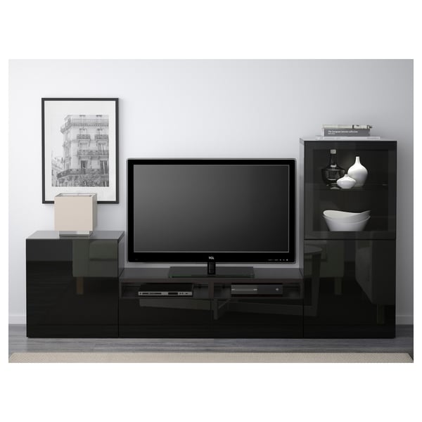 BESTÅ TV storage combination/glass doors, black-brown/Selsviken high-gloss/black clear glass, 240x40x128 cm