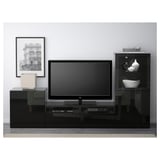 BESTÅ TV storage combination/glass doors, black-brown/Selsviken high-gloss/black clear glass, 240x40x128 cm