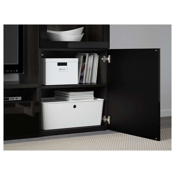 BESTÅ TV storage combination/glass doors, black-brown/Selsviken high-gloss/black clear glass, 240x40x128 cm