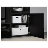 BESTÅ TV storage combination/glass doors, black-brown/Selsviken high-gloss/black clear glass, 240x40x128 cm