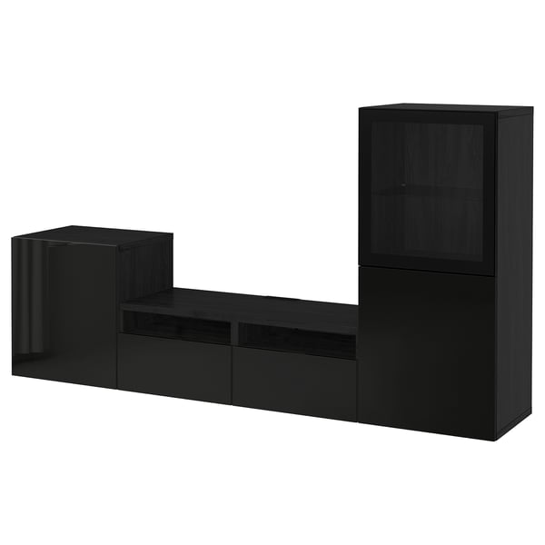BESTÅ TV storage combination/glass doors, black-brown/Selsviken high-gloss/black clear glass, 240x40x128 cm