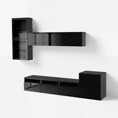 BESTÅ TV storage combination/glass doors, black-brown/Selsviken high-gloss/black clear glass, 300x42x211 cm