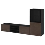 BESTÅ TV storage combination/glass doors, black-brown/Selsviken high-gloss/brown clear glass, 240x42x129 cm