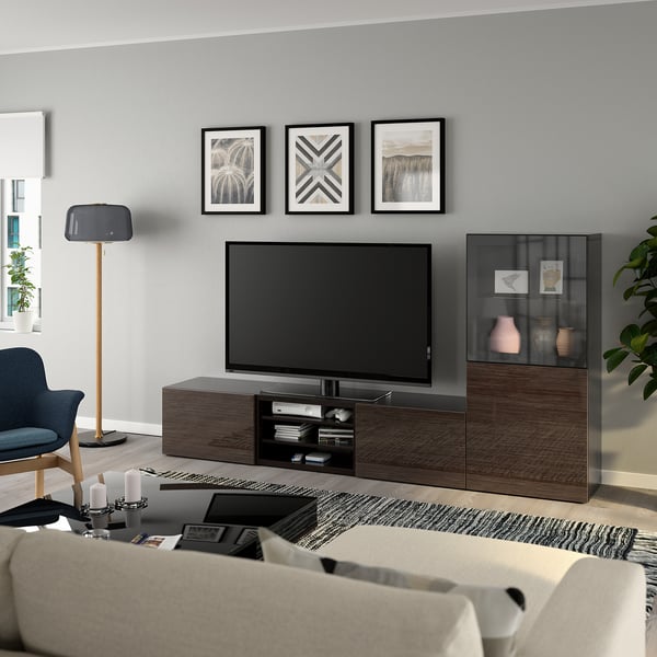 BESTÅ TV storage combination/glass doors, black-brown/Selsviken high-gloss/brown clear glass, 240x42x129 cm